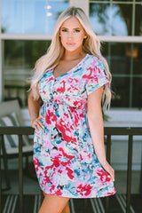 Red V Neck Short Sleeve Floral Dress