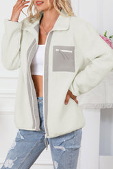 White Chest Pocket Full Zipper Fuzzy Fleece Jacket
