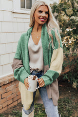 Green Colorblock Draped Open Front Chunky Cardigan