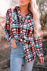 Multicolor Long Sleeve Pockets Buttoned Plaid Mini Dress