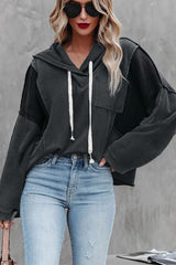 Gray Waffle Knit Long Sleeve Drawstring Hoodie