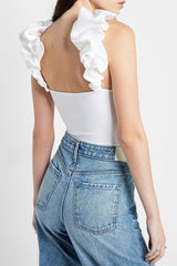 White Ruched Puff Strap Scoop Neck Bodysuit