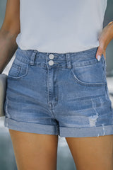 Sky Blue Cuffed High Rise Denim Shorts