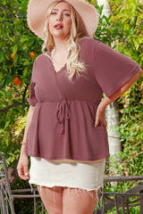 Red Plus Size Waffle Knit Lace V Neck Wrap Top