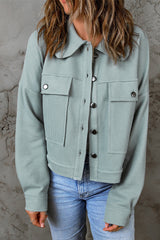 Sky Blue Waffle Knit Buttons Cropped Jacket with Pockets