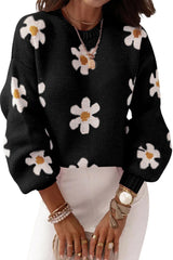 Black Floral Pattern Drop Shoulder Sweater