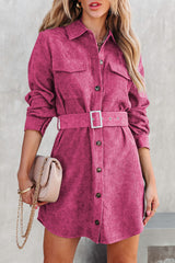 Rose Corduroy Long Sleeve Button up Shirt Dress with Belt