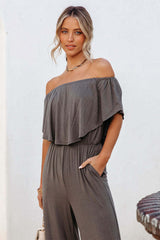 Gray Solid Color Off Shoulder Wide Leg Jumpsuit