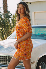 Yellow Puff Sleeve Floral Dress with Pompom Trim