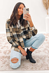 Khaki Retro Plaid Button Flap Pocket Shacket