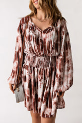 Brown Tie Dye Smocked Waist Long Sleeve Dress