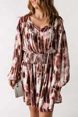 Brown Tie Dye Smocked Waist Long Sleeve Dress