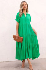 Green Notch V Neck Bubble Sleeve Tiered Maxi Dress