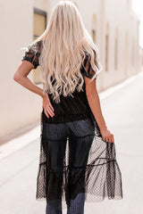 Black Polka Dot Button Up Short Sleeve Sheer Kimono
