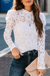 White Floral Lace Mock Neck Puff Long Sleeve Top