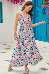 Green Sling V-Neck Elastic Waist Floral Maxi Dress