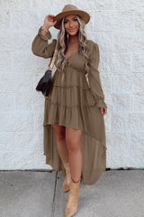 Khaki Tiered Ruffled High Low Long Sleeve Dress