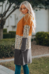 Orange Colorblock Leopard Print Patchwork Knit Cardigan