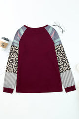 Burgundy Camouflage Striped Leopard Splicing Blouse