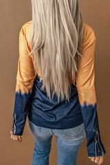 Khaki Tie Dye Color Block Button Cuff Long Sleeve Top