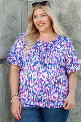 Purple Plus Size Printed Round Neck Bubble Sleeve Blouse