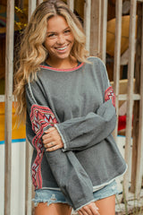 Gray Boho Print Patch Sleeve Raw Edge Sweatshirt