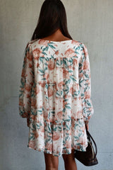 White Loose Bubble Sleeves Floral Print Dress