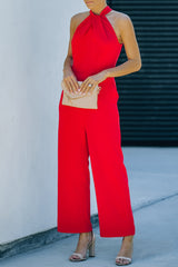 Red Halter Neck Sleeveless Wide Leg Jumpsuit