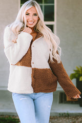 Brown Color Block Sherpa Button Up Jacket