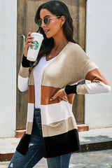 Khaki Open Front Colorblock Cardigan with Pockets