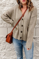 Khaki Drop Shoulder Button Front V Neck Cardigan with Pockets