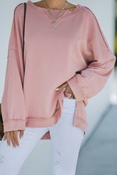 Pink Frayed Trim Side Slit Loose Sweatshirt
