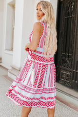 Red Geometric Print Tassel Tie Notch Neck Sleeveless Dress