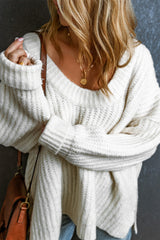 White Ribbed Knit Round Neck Slouchy Chunky Sweater