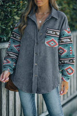 Gray Aztec Pattern Sleeve Pocketed Corduroy Shacket