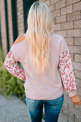 Leopard Sleeve Asymmetric Cold Shoulder Colorblock Knit Top