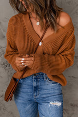 Brown V Neck Drop Shoulder Buttons Cardigan