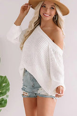 White Ribbed Trim Pointelle Knit Loose Sweater