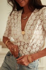 White V-Neck Lace Short Sleeve Bodysuit