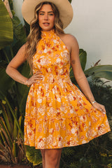 Yellow Sleeveless Smocked Waist Floral Dress