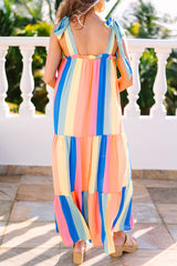 Stripe Tiered Tie Shoulder Straps Maxi Dress