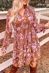 Brown Floral Print Drawstring V Neck Ruffled Babydoll Mini Dress