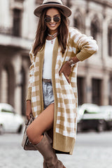 Khaki Plaid Pattern Ribbed Trim Long Cardigan