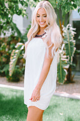 Beige Frill Embroidered Square Neck Shift Dress