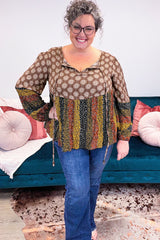 Brown Mix Floral Striped Ethnic Splicing Plus Size Blouse