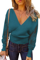 Blue Sexy V Neck Surplice Hollow-out Sweater with Lace Sleeves