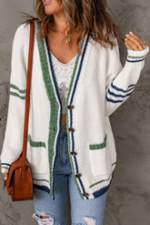 White Striped Buttoned Pocketed Drop Shoulder Sweater