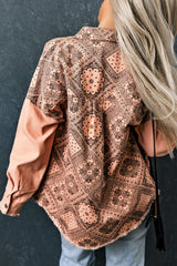 Pink Geometric Print Ripped Shirt Jacket with Pockets