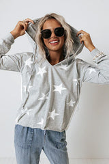 Light Grey Stars Print V-Neck Drawstring Hoodie