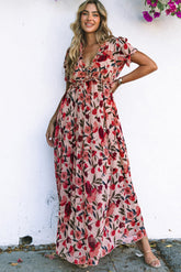 Red Floral Print Frilled V Neck Short Sleeve Maxi Dress